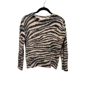 Magaschoni Cashmere Zebra Print Crewneck Sweater Tan Black Large 100% Cashmere